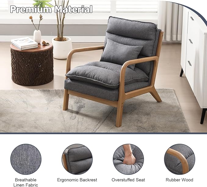 INZOY Mid Century Modern Accent Chair with Wood Frame, Upholstered Reading Armchair with Waist Cushion, Double Padded Accent Chair, Side Chair for Living Room Bedroom Office, Easy Assembly, Grey