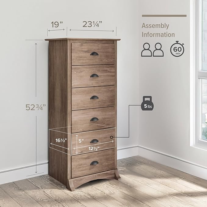 Prepac Salt Spring Rustic 6-Drawer Tall Dresser for Bedroom, Farmhouse Dresser Chest of Drawers 19" D x 23.25" W x 52.75" H, Drifted Gray, DDC-2354