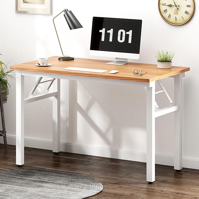 Need Folding Computer Desk - 39.4 Inch Foldable Office Writing Work Study Kids Student Teacher Home Bedroom Table for Small Space, Teak & White