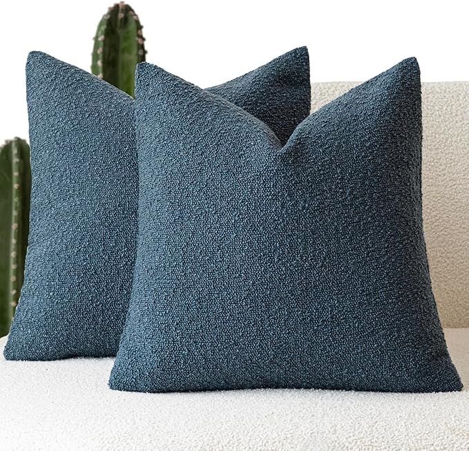 Foindtower Set of 2, Decorative Textured Boucle Throw Pillow Covers Accent Solid Pillow Cases Neutral Soft Cozy Couch Cushion Case for Chair Sofa Bedroom Living Room Home Decor 26 x 26 Inch Blue