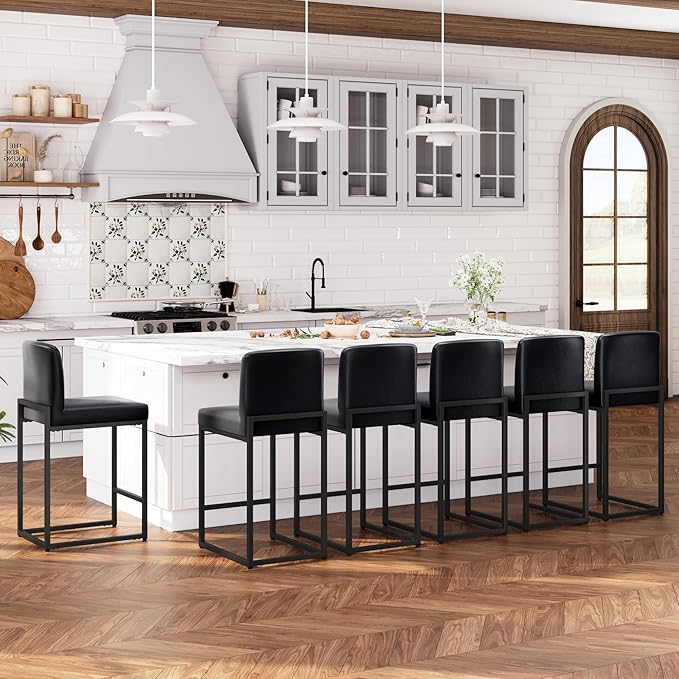ALPHA HOME 24 Inch Bar Stools Set of 6, Kitchen Counter Stools with Backs, PU Leather Barstools, Kitchen Stools with Back&Upholstered Footrest, Sturdy Chromed Metal Steel Frame, Midnight Blue