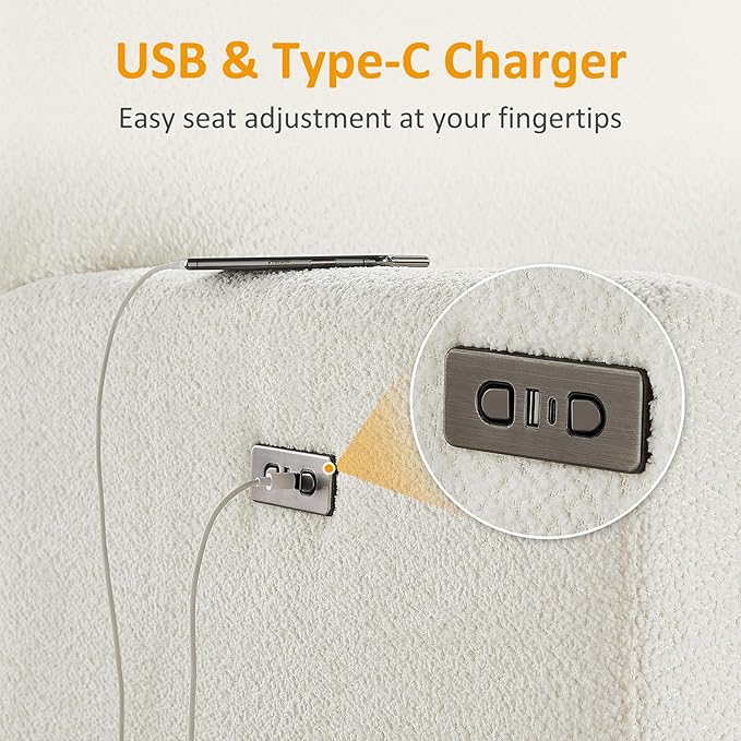 VANOMi Power Swivel Glider Recliner Chair, Electric Nursery Rocker Recliner Chair, USB & Type-C Charger, Boucle White