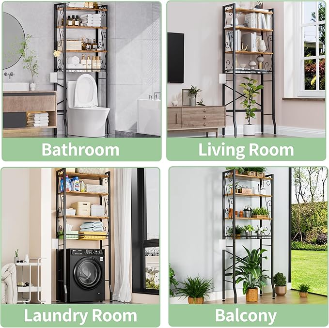Over-The-Toilet Storage Rack 4-Tier,Bathroom Organizer Shelf Over Toilet,Adjustable Wooden Shelves and Basket,Freestanding Above Toilet Shelf,Space Saver for Rooms(Black Rack-Rustic Brown Shelves)