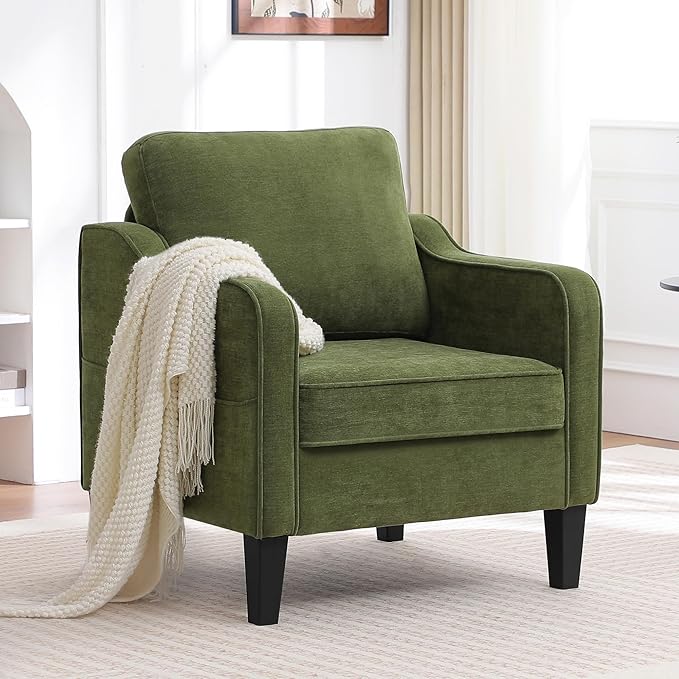 Accent Chairs Set of 2, Upholstered Living Room Chair with Side Pockets, Mid Century Modern Reading Chair for Bedroom, Comfy Armchair Single Sofa Side Chair for Office, Small Room, Olive Green