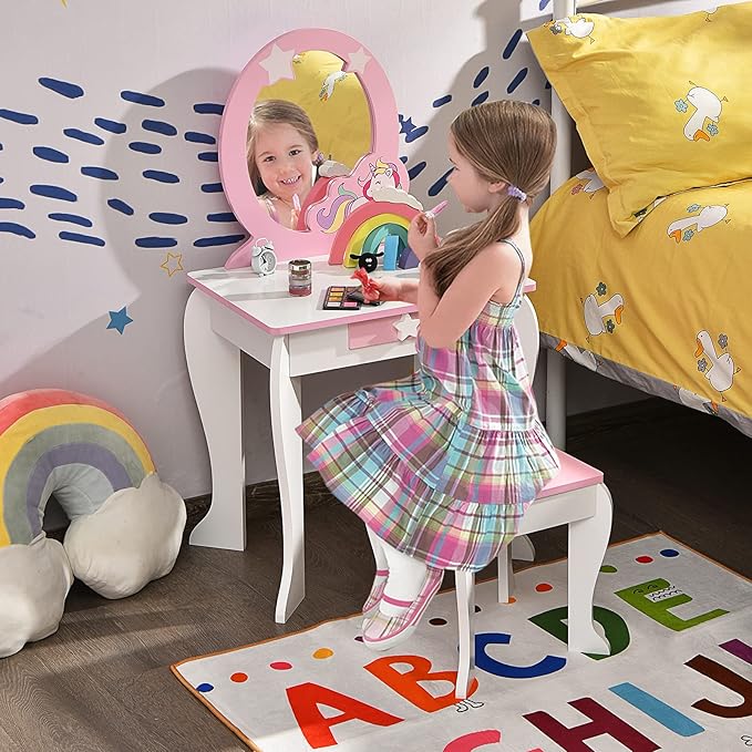 HONEY JOY Unicorn Kids Vanity, Toddler Makeup Table with Mirror and Stool, Wooden Pretend Play Vanity for Little Girls, Detachable Mirror and Storage Drawer, Kids Vanity Table and Chair Set (White)