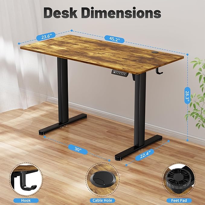 Shahoo 45.2 Inch Standing Desk, Electric Height Adjustable Computer Desks with Hook and Cable Hole, Rustic Brown