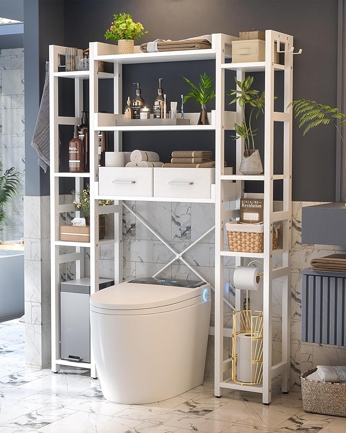 Over The Toilet Storage with 2 Drawers - 11 Tier Bathroom Organizer Freestanding Space Saver Storage Rack with Adjustable Shelf Above Toilet Stand with 4 Hooks for Restroom, Laundry, White
