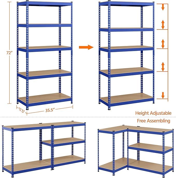 Yaheetech Storage Shelves 5 Tier Garage Shelving Heavy Duty Garage Shelves Adjustable Metal Shelving Unit Utility Rack Industrial Shelving for Warehouse Pantry Closet, 35.5″W × 17.5″D × 72″H, Blue