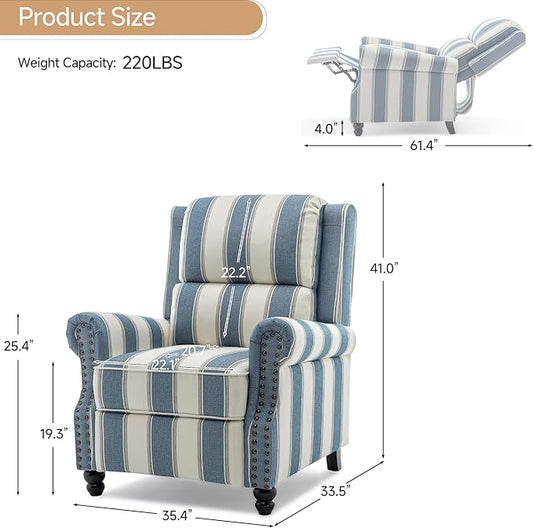 Lumibee Pushback Recliner Chair,Upholstered Wingback Chair for Small Spaces,Floral Fabric for Living Room,Single Sofa Accent Chair Reading Seat for Balcony,Bedroom-Striple Navy