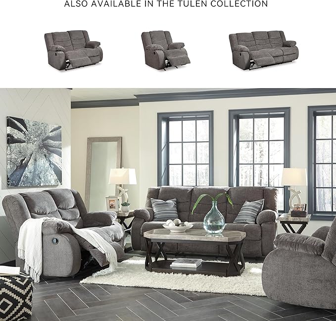 Signature Design by Ashley Tulen Modern Manual Pull Tab Reclining Loveseat, Dark Gray