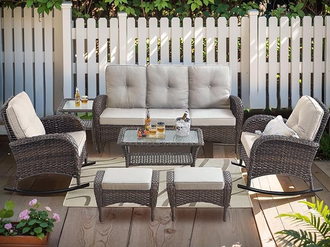 HUMMUH 7-Piece Outdoor Patio Furniture PE Wicker Patio Conversation Set,High Back Patio Couch with Ottomans Outdoor Rocking Chairs with Tables for Backyard,Porch,Deck