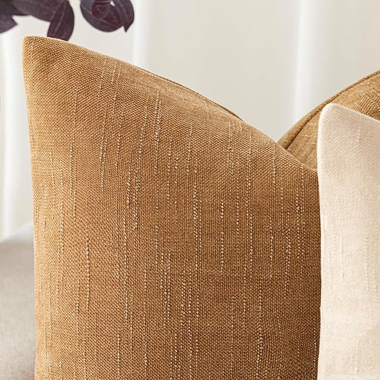 Foindtower Set of 2 Soft Textured Chenille Throw Decorative Pillow Covers Square Accent Solid Cushion Cover Neutral Farmhouse Pillow Case for Couch Sofa Bedroom Living Room 24x24 Inch,Golden Brown