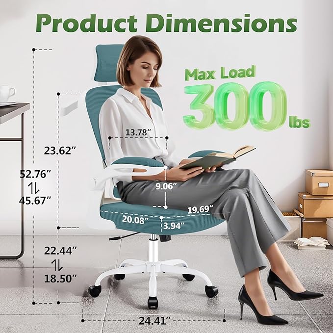 Office Chair Ergonomic Desk Chairs with Adjustable Lumbar Support& Headrest Hanger, High Back Breathable Mesh Chair with Wheels, Rolling Swivel Comfy Task Computer Chair for Home Work Gaming