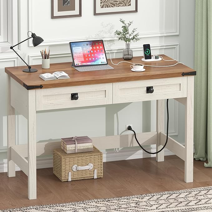 Farmhouse Computer Desk with 2 Drawers, 39 Inch Small Office Computer Desk with Power Outlets, Compact Writing Study Desk for Small Spaces, Antique White