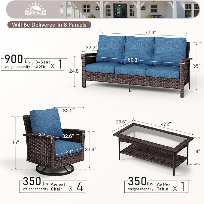 6 Pieces Patio Furniture Set with Swivel Chairs, High Back Wicker Rattan Sofa with Extra Thick Cushion and Coffee Table, Outdoor Conversation Set for Garden Backyard Deck, Blue