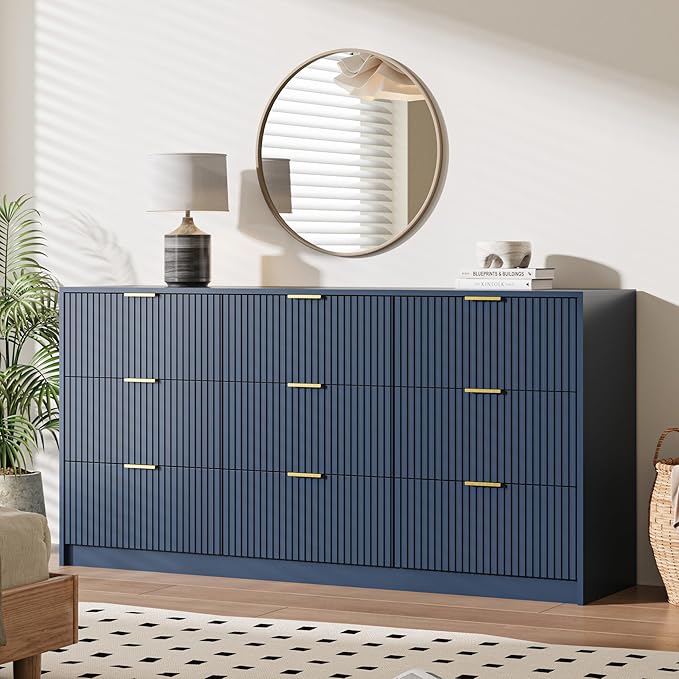 Navy Dresser for Bedroom, 9 Drawer Double Dresser, Modern Chest of Drawers for Bedroom, Living Room, Entryway and Closet, 63" L x 15.7" D x 31.5" H
