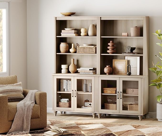 WAMPAT 5 Tier Bookshelf 72" Tall Bookcase with Glass Doors,Large Farmhouse Display Book Shelf with Adjustable Shelves and Storage Cabinet,Library Wood Bookshelves for Living Room,Kitchen, Light Oak