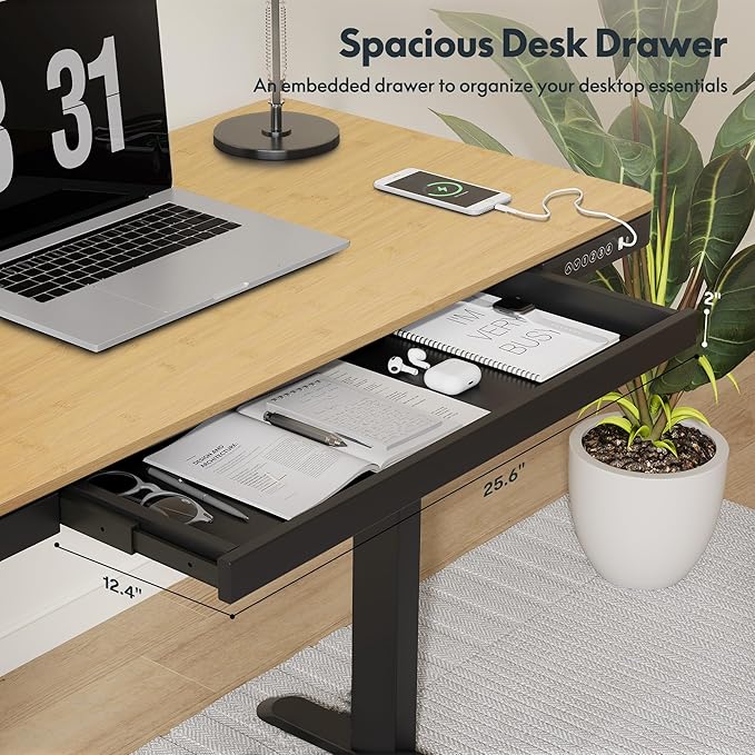 FLEXISPOT Comhar Electric Standing Desk with Drawer Desktop & Adjustable Frame w/USB Charge Ports (Bamboo-Look Laminate/Black, Wood)