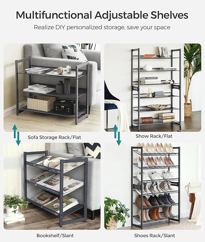 SONGMICS Shoe Rack, 6-Tier Shoe Organizer, Metal Rack for Garage, Set of 2, 3-Tier Stackable Shelf, with Adjustable Flat or Angled Shelves, 18-24 Pairs, Charcoal Gray ULMR003G02