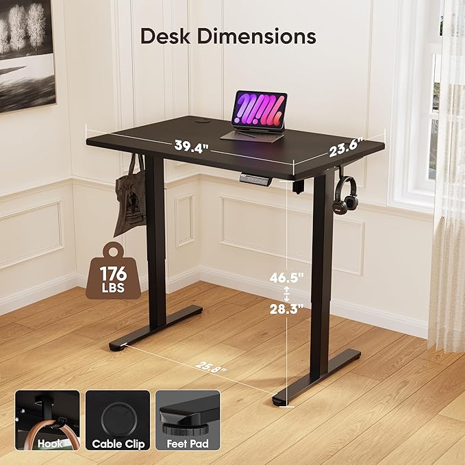 Monomi Standing Desk, 39.4‘’ Small Sit Stand up Height Adjustable Electric Standing Desk with 3 Memory Setting, Ergonomic Home Office Computer Desk, Black