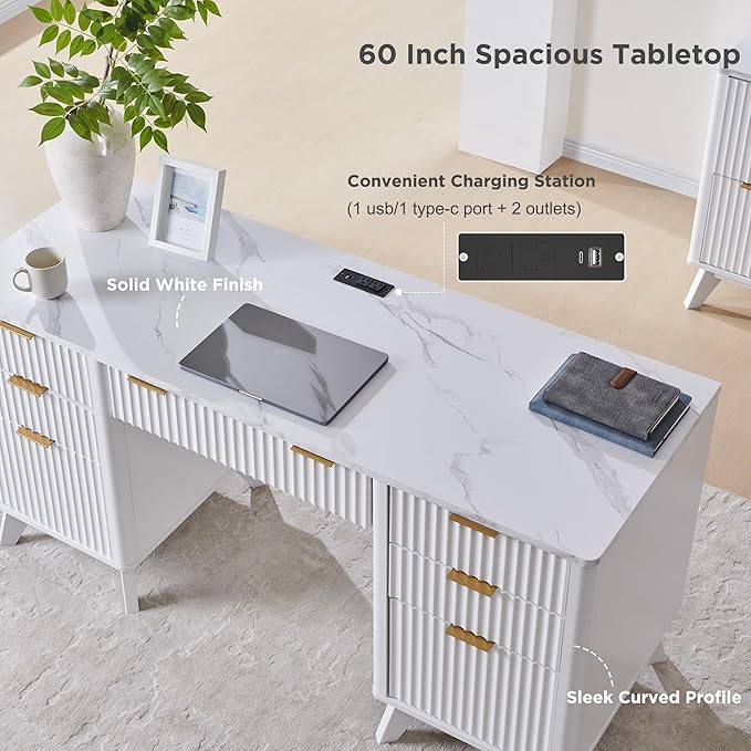 T4TREAM 60'' Fluted Executive Desk with Drawers, Modern Home Office Computer Desk with Charging Station, Keyboard Tray, File Drawer and Storage Cabinet for Study, Living Room, Bedroom, Solid White