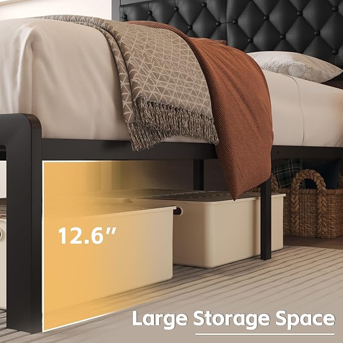 Full Bed Frame with Headboard PU Leather Upholstered Bed Frame Platform,All Metal Slats Support Platform Bed Frame with Storage Space,Easy Assembly,Noise Free,No Box Spring Needed,Black
