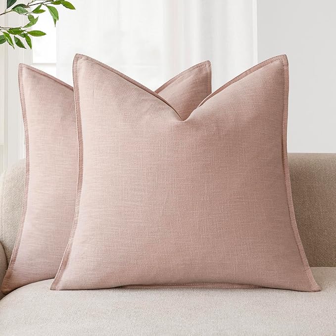 Foindtower Pack of 2, Decorative Linen Solid Throw Pillow Covers Soft Accent Cushion Case Boho Farmhouse Pillowcase for Bed Chair Couch Sofa Bedroom Living Room Home Decor 22 x 22 Inch Light Pink