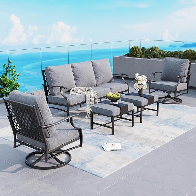 5 Piece Metal Outdoor Patio Furniture Sets, Patio Conversation Sets 1 3-Seater Sofa, 2 Swivel Chairs, 2 Ottomans with 5.75" Thick Cushion, Black All-Weather Backyard Furniture, Gray