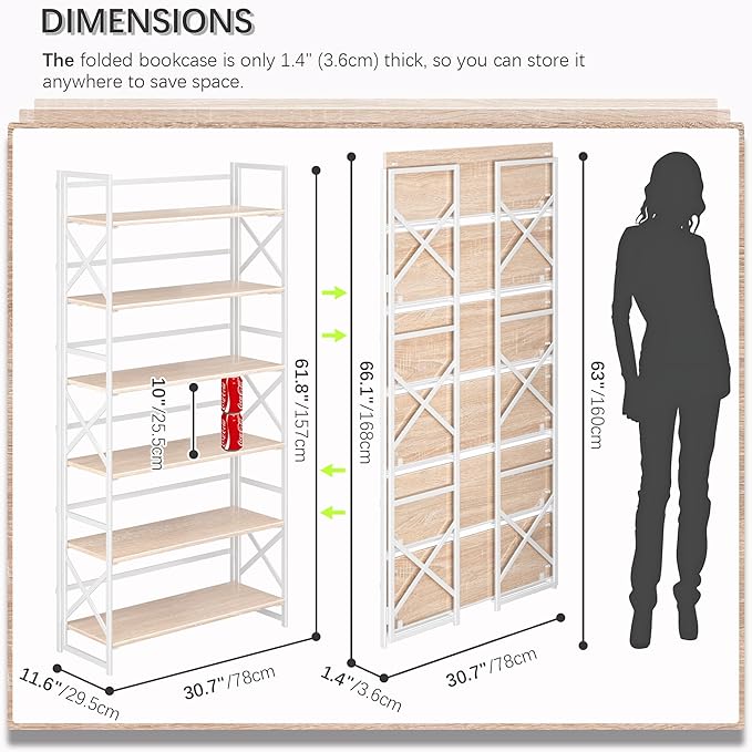 4NM Extra Wide 6 Tiers No Assembly Book Shelves, 61.8" H Folding Bookshelf Bookcase Open Industrial Foldable Shelves for Bedroom, Living Room, Home Office - Natural White