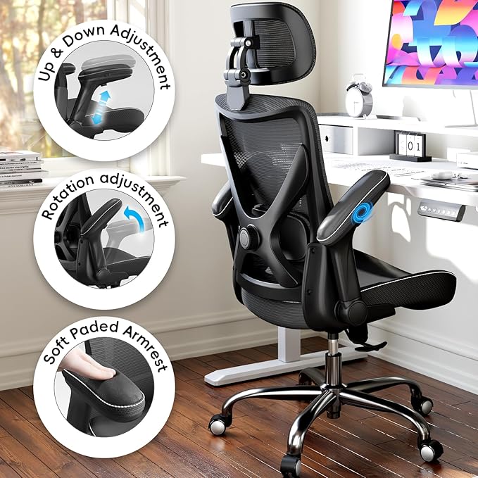 Ergonomic Office Chair-Computer X-Shaped Chair Mesh PU Leather with Adjustable Lumbar Support-Executive Desk Chair High Back with Headrest Flip-Up Arms for Long Hours (Black)