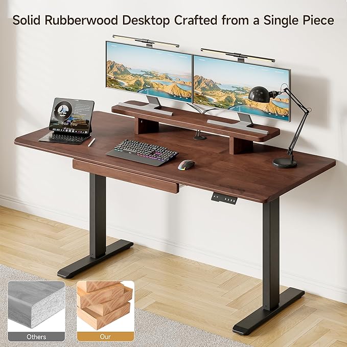 ONBRILL Standing Desk with Drawer, 47x23.6 Inches Solid Wood Desktop Stand Up Desk with Whole-Piece Board and Storage Shelf, Adjustable Height from 28-46 Inches for Home & Office, Black Walnut