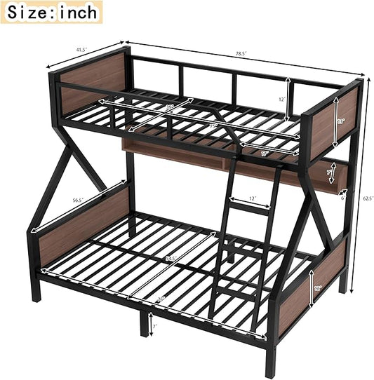 Bellemave Twin Over Full Bunk Bed with Storage Shelf and RGB LED Lights, Adults Bunk Bed with Angle Padded Ladder, Heavy Duty Bunk Beds with Noise-Reducing Rubber Stoppers, Black