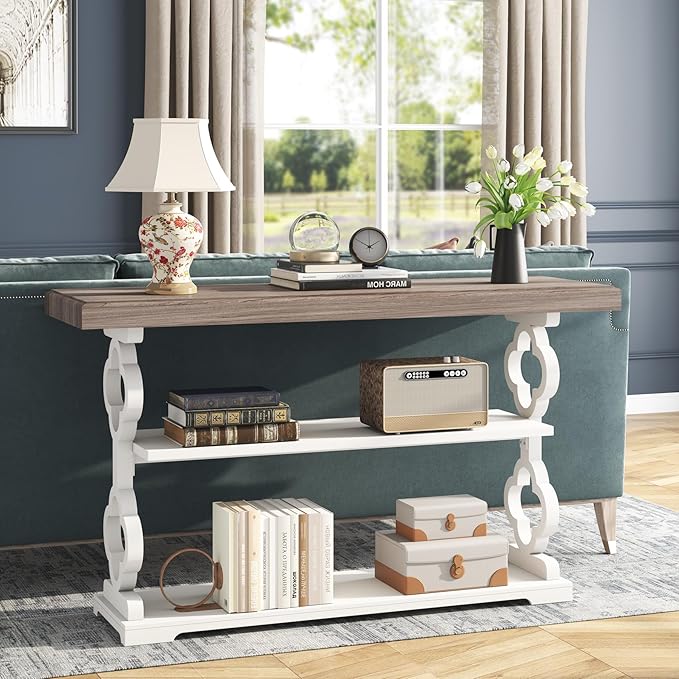 Tribesigns Farmhouse Console Table, 55 inch Long Sofa Table with Storage Shelves, 3 Tier Wood Accent Entry Table for Hallway, Entrance, Living Room, Foyer, Grey and White