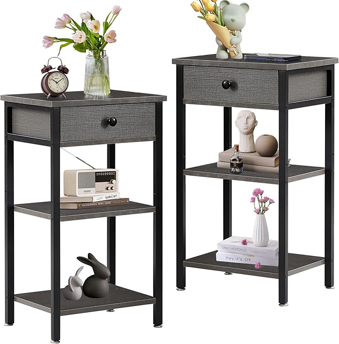 VECELO Tall End Side Table,Nightstand with Adjustable Shelf and Bin Drawer for Living Room/Bedroom/Entryway Small Spaces