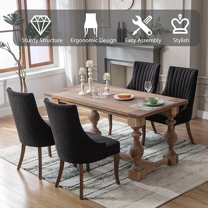 mikibama Linen Dining Chairs Set of 4 Channel Tufted Kitchen Dinner Chair Comfy Fabric Upholstered Accent Chair for Dining Room with Solid Wood Legs (Black 4pc)