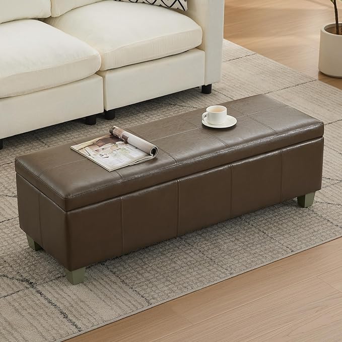 51" Faux Leather Storage Ottoman, Stitch Tufted Rectangle Upholstered End of Bed Storage Bench, Entryway Large Couch Ottoman with Wooden Legs, Coffee