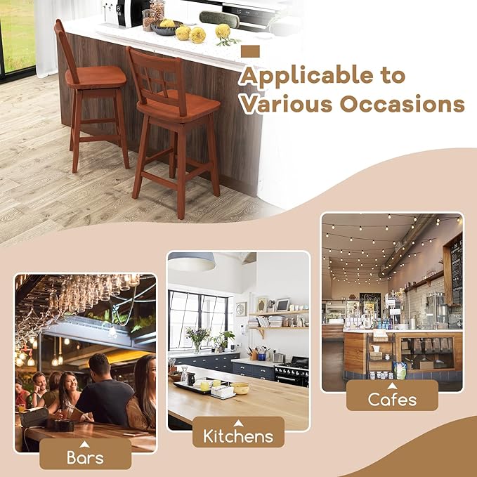 COSTWAY Swivel Bar Stools Set of 4, 24.5 Inch Counter Height Bar Chairs w/Hollow Backrest & Contoured Seat, Wooden Barstools w/Footrest for Kitchen Island, Pub, Bistro, Cafe (4, Walnut)