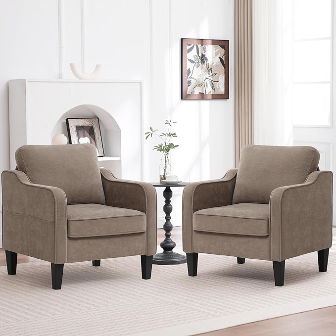 Accent Chair for Living Room, Mid Century Modern Reading Chair for Bedroom, Upholstered Armchair with Side Pockets, Comfy Single Sofa Side Chair for Office, Apartment, Small Room, Brown