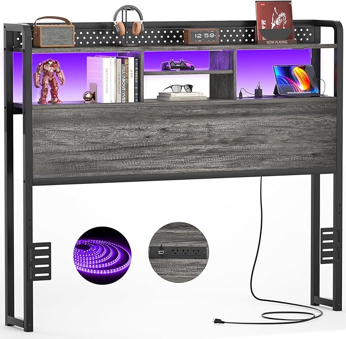 Unikito Headboard for Full Size Bed with Storage Shelf, Head Board with 3 Outlets and 2 USB Ports, Headboards with RGB LED Light, Height Adjustable, Sturdy and Stable, Easy Assembly,Black Oak