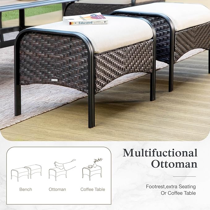 MFSTUDIO Outdoor Patio Furniture Set, Rattan Wicker Patio Sectional, Metal Outdoor Conversation Set with 3-Seat Sofa, 2 x Ottoman