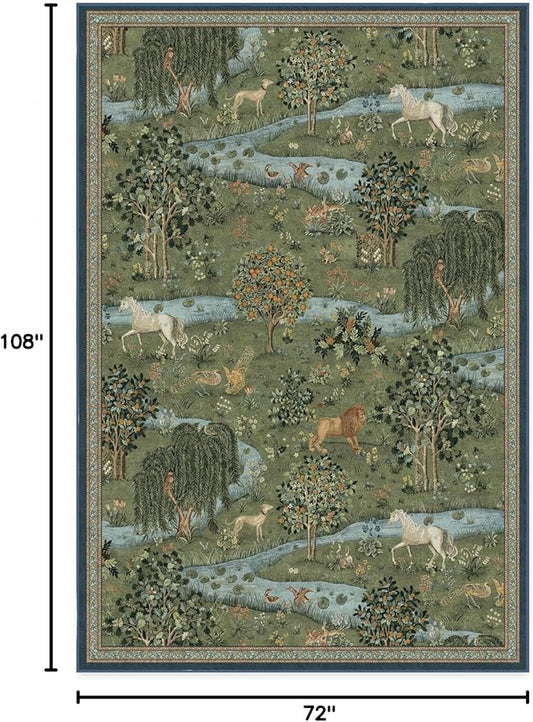 RUGGABLE x Morris & Co Washable Area Rug – Owl & Willow Green 6x9, Stain-Resistant, Non-Slip – Medium Machine Washable Rugs for Living Room, Bedroom, Hallway, Entryway & Office–with Standard Pad