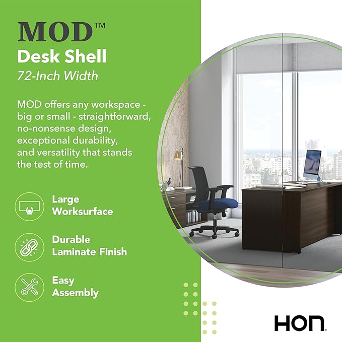 HON MOD Executive Desk 72-Inch Large Computer Desk Shell, Thick Wooden Laminate, Modern Table with Cord Management, 72" W x 30" D x 29" H, Java Oak