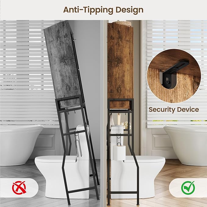 Over The Toilet Storage Cabinet, Over Toilet Organizer with 2-Door & Metal Stand, Bathroom Organizers and Storage with Adjustable Shelves for Bathroom, Restroom, Laundry, Rustic Brown