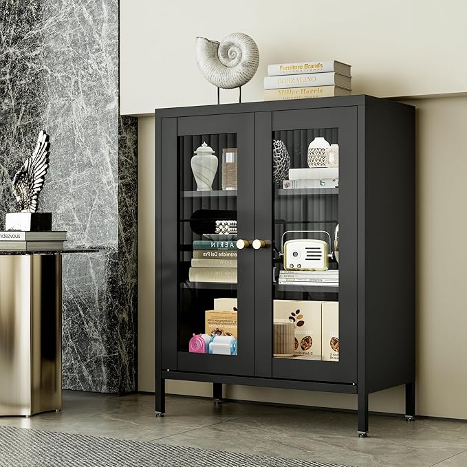 Small Display Cabinet with Glass Doors, 12" Shallow Metal Storage Cabinets Short Bookcase Cabinet with Two Door Two Shelves Metal Glass cabinets for Home Office Living Room