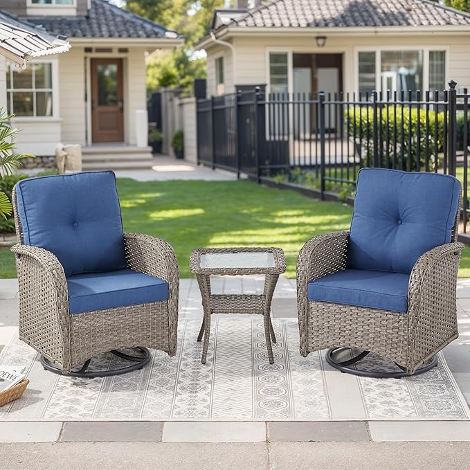 HUMMUH 3 Piece Outdoor Rocking Chairs Bistro Set-All Weather Wicker Outdoor Swivel Chairs Set of 2 with Side Table Small Patio Furniture Set for Deck Lawn Porch Balcony Poolside-Grey/Blue
