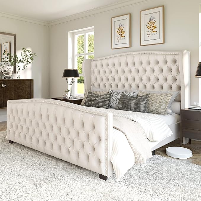 AMERLIFE California King Size Platform Bed Frame, Velvet Upholstered Bed with Deep Button Tufted & Nailhead Trim Wingback Headboard/No Box Spring Needed, Cream