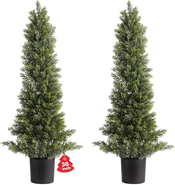 VEVOR Artificial Cedar Topiary Trees, 36 inch 2 Set Faux Pine Shrubs Plants, Fake Silk Tree Look Real, Easy Assembly for Decor Front Porch Outdoor Patio Garden Balcony Backyard Indoor Office(3FT