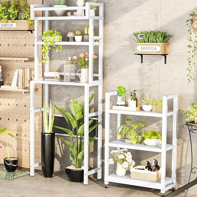Recaceik 6-Tier Over The Toilet Storage Shelf with Cart, Freestanding Above Toilet Shelf Rack, Farmhouse Bathroom Organizer Shelves, Space Saver (White)