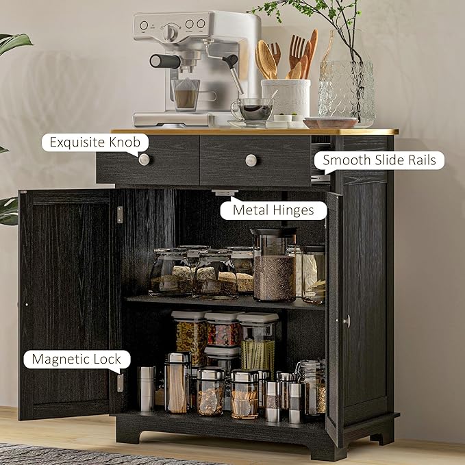 HOMCOM Sideboard with Solid Wood Countertop, Modern Kitchen Storage Cabinet, Coffee Bar Cabinet with 2 Drawers, Doors and Adjustable Shelf, Distressed Black