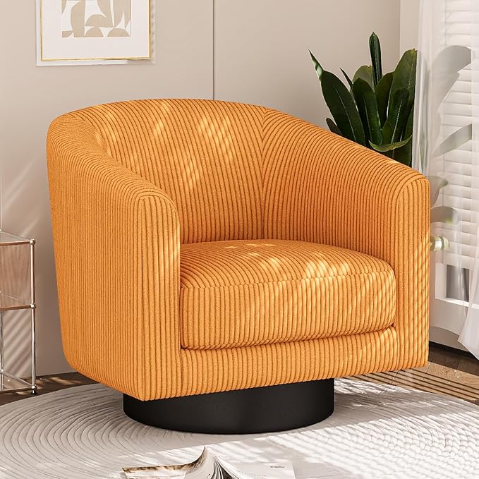 360Β° Swivel Accent Chairs, Modern Bucket Chair, Corduroy Barrel Armchair, Comfy Boucle Chair, Single Sofa for Living Room Bedroom. Orange